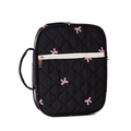 Black quilted book organizer with pink bow embroidery and white zipper pocket - Embroidered Black Bow