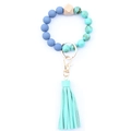 Detail of blue and marble silicone beads with wood bead and light blue leather tassel keychain - Style 27 (Blue Marble Tassel)