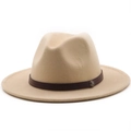 Classic wide brim fedora hat in beige wool felt with leather band and vintage metal buckle - M (56-58cm) / Beige