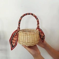 Handwoven wicker flower basket with a red and green plaid ribbon tied on the handle - Red Plaid Scarf Decoration / Diameter 15cm