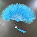 Detailed close-up of a blue lace feather fan with elegant gold hollow handle and soft tassel - Lace Feather Fan Lake Blue