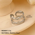 Anillo ajustable de acero inoxidable plateado con elegantes capas infinitas cruzadas - Cuerda trenzada doble 092 / Color Acero