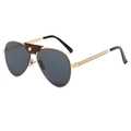 Retro Pilotenbrille mit goldenem Metallrahmen, dunklen Gläsern und braunem Ledersteg - Goldener Rahmen Graue Gläser