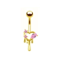 Golden heart-shaped belly button ring with pink zircon stones and fluid droplet dangle - Gold Pink Zirconia