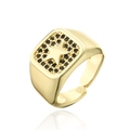Macro shot of 18K gold plated square signet ring with black zircon and embossed star - Adjustable Open / Gold With Black Zirconia