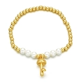 Bracciale di perline in rame dorato, perle bianche e un ciondolo a fungo carino - Ciondolo Casetta Fungo in Smalto Oro