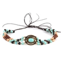 Bohemian woven cord necklace with turquoise beads and antique bronze bull pendant - 18-Turquoise Blue Black Wood Beads