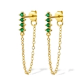 Macro detail of gold chain drop earrings with green zircon stones and tassel design - Gold-Green Zirconia