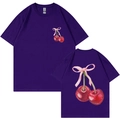 T-shirt en coton violet foncé avec imprimé cerise et nœud rose sur les deux côtés - Violet