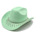 Vue détaillée du chapeau de cowboy en daim vert menthe avec franges en strass - Vert Fluorescent / M (56-58cm)