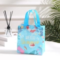 Sky blue foldable non-woven beach tote bag with Hello Summer art and beach graphics - Blue Handle Hello Summer Beach Elements (3003-3) / Medium
