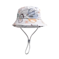 Detail of white kids sun hat with cartoon elephant patterns and adjustable chin strap - Style 13 (Elephant Rainbow)