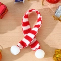 Close-up of a mini red and white striped knitted scarf with pom-poms for Christmas decor - Red and White Striped Knitted Scarf / 1.5x20cm