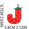 Detail view of strawberry letter J embroidery patch showing dimensions 6.7cm by 5.4cm - Strawberry Letter J