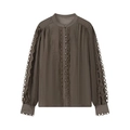 Chemise taupe à manches longues pour femme avec bordure en dentelle et col montant - XS / Marron