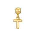 Detailed close-up of a high-polished gold letter T bubble pendant with a large bail - Letter T