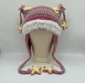 Pink and purple striped crochet cat ear hat with white faux fur trim and star pendants - Rose Red Coffee