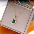 Emerald cut green crystal necklace with gold chain and cubic zirconia accents - Green Necklace