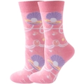 Pink crew socks with purple shell and pearl patterns made from soft cotton blend - Pink Pearl Shell