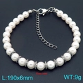 Pulsera de perlas de vidrio blanco de 6mm con cuentas de acero inoxidable y mosquetón - 190mm x 6mm / Acero 6 mm