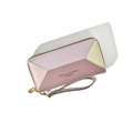 Pink patchwork long leather wallet for women with double zippers and wrist strap - Dust Rose