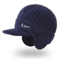 Navy blue winter knit hat with ear flaps, short brim, and Sport embroidery detail - Navy Blue