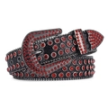 Close-up of black leather Y2K belt featuring red rhinestones and silver studded metal rivets - Black Red