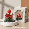 Red building block rose in glass dome with black base and elegant gift box - M3118 Rose / 151pcs/Base+Dust Cover Model