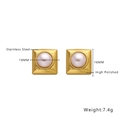 Detail of square stainless steel gold earrings with center pearl showing 16mm size and weight - Gold