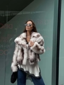 Detail of short faux fur coat with grey and white spotted texture and wide lapel - S / Grey Spotted