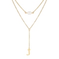 Double-layered gold Y-necklace with white pearl and J-letter pendant for women - Letter J Style (NC-1930G-J)