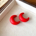 Matte red crescent C-shaped resin earrings with silver needles on beige base - 101# Matte Moon C-Shape (Silver Earring Post) / Red