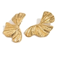 Golden ginkgo leaf stud earrings in 18K gold plated stainless steel with wavy texture - Oil Pressure Symmetrical Petal Studs / Gold