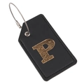 Black leather luggage tag featuring a glittery gold letter P with secure steel wire loop - Letter P