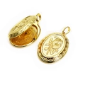 Detail of gold oval locket pendant with floral relief in open and closed views - Oval Style 2