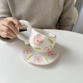 Irregular handmade ceramic coffee cup with hand-painted pink floral patterns and saucer - Pink Large Petals Cup & Saucer Set / Cup + Saucer Set