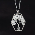 Handmade silver hexagon tree of life necklace with natural white crystal stones - White Crystal