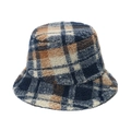 Klassischer Fischerhut mit Karomuster aus Sherpa-Wolle in Marineblau und Orange für Winter - Plaid Fischerhut / Marineblau