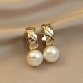 Vintage style gold quilted earrings with elegant white pearls on champagne silk fabric - Gold
