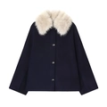 Chaqueta corta de lana azul oscuro con gran cuello de piel sintética blanca y botones - XS / Azul marino