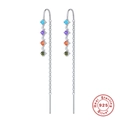 Detailed S925 sterling silver tassel earrings with colorful gems and crescent moon charms - Platinum - Moon Multicolored Zircon
