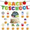Detail of colorful Back to School party set with banners and themed cupcake toppers - Back to School Banner/Cake Topper Set