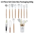 12-piece white silicone kitchen utensil set with wooden handles in matching storage bucket - Lightweight Kitchen Utensil Set / Off White