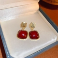 Square gold earrings with burgundy gemstones in a blue velvet jewelry gift box - Burgundy Square Acrylic