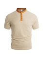 Beige gebreid poloshirt met korte mouwen en oranjebruine contrast knopenlijst - S / Khaki