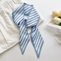 Blue and white diagonal striped silk scarf styled as a headband or bag accessory - Blue Stripe