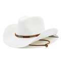 Chapeau de cowboy classique en paille blanche avec ceinture marron et perles décoratives - M / Blanc pur