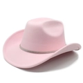 Detail of pink felt cowboy hat with sparkling rhinestone band on flat wide brim - M (56-58cm) / Pink
