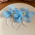 Close-up detail of elegant blue fabric flower earrings featuring delicate beaded tassels - 7# Silver Post Chiffon Beaded Flower Pendant Tassel Stud Earrings
