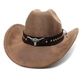 Detail of western cowboy hat featuring dark leather band with silver bull head emblem - M (56-58cm) / Striped Khaki